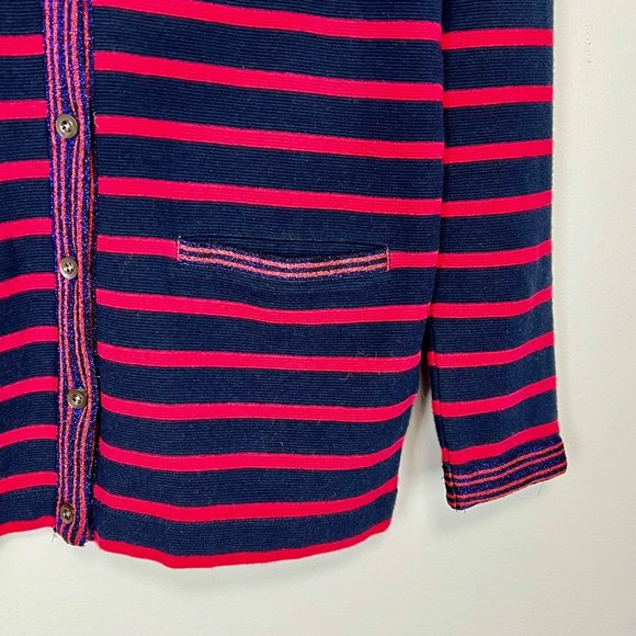 J Crew Womens Red Blue Stripe Cardigan Sweater Metallic Trim Button Up size XS - Picture 3 of 12